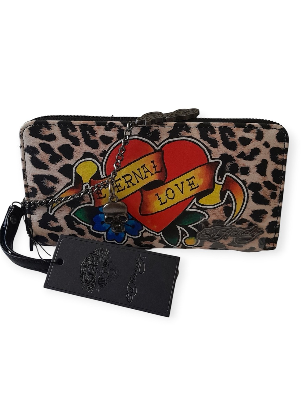 Ed Hardy Eternal Love Leopard Print Skull Wristlet Wallet Zip Around NWT